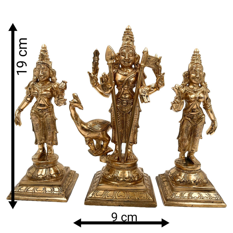 Handcrafted Panchaloha Murugan with Valli and Devasena Idol | Bronze Subramanya Skanda Kumara Swamy Shanmukha Statue | South Indian Chola Art Sculpture          Ask ChatGPT,Gold, 7.5 Inch, 1 Piece