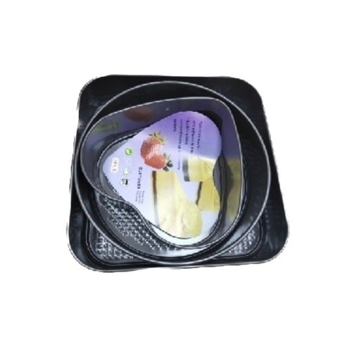 மூன்று வெவ்வேறு வடிவ பேக்கிங் தட்டுகளை உள்ளடக்கிய 3 செட் பேக்கிங் தட்டு காம்போ பேக்.