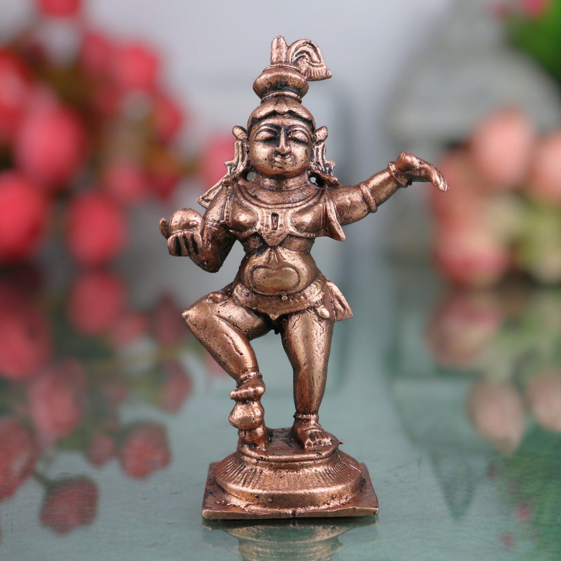Copper Laddu Gopal Idol, Bala Krishna Bal Gopal Tamra Murti, Makhan Chor Bal Mukund Vigraha for Home Puja, Brown, 3.5 Inch, 1 Piece