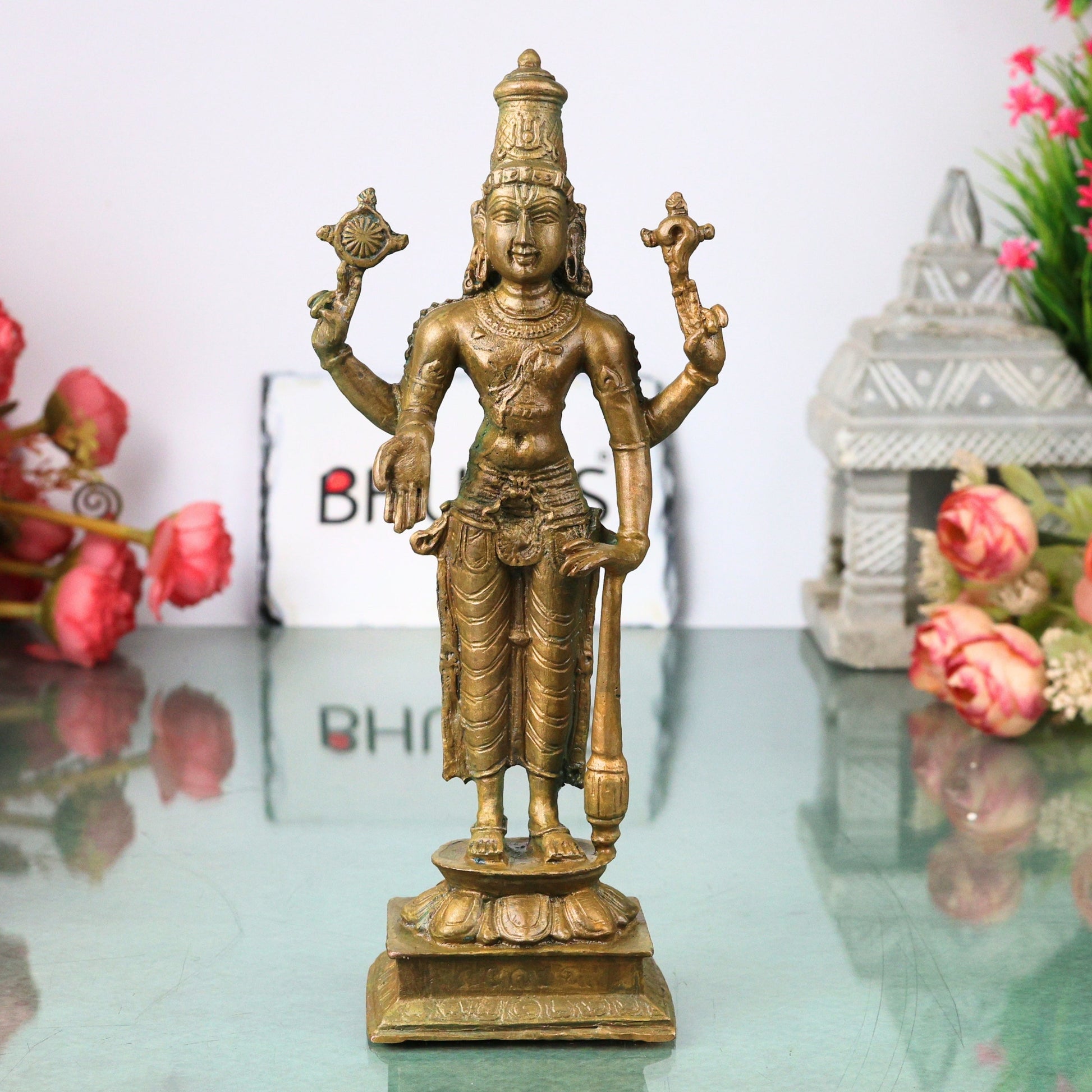 Bronze Vishnu Idol Narayana Mahavishnu Perumal Balaji Venkateswara Murti Puja Statue Home Decor, Brown, 8 Inch, 1 Piece