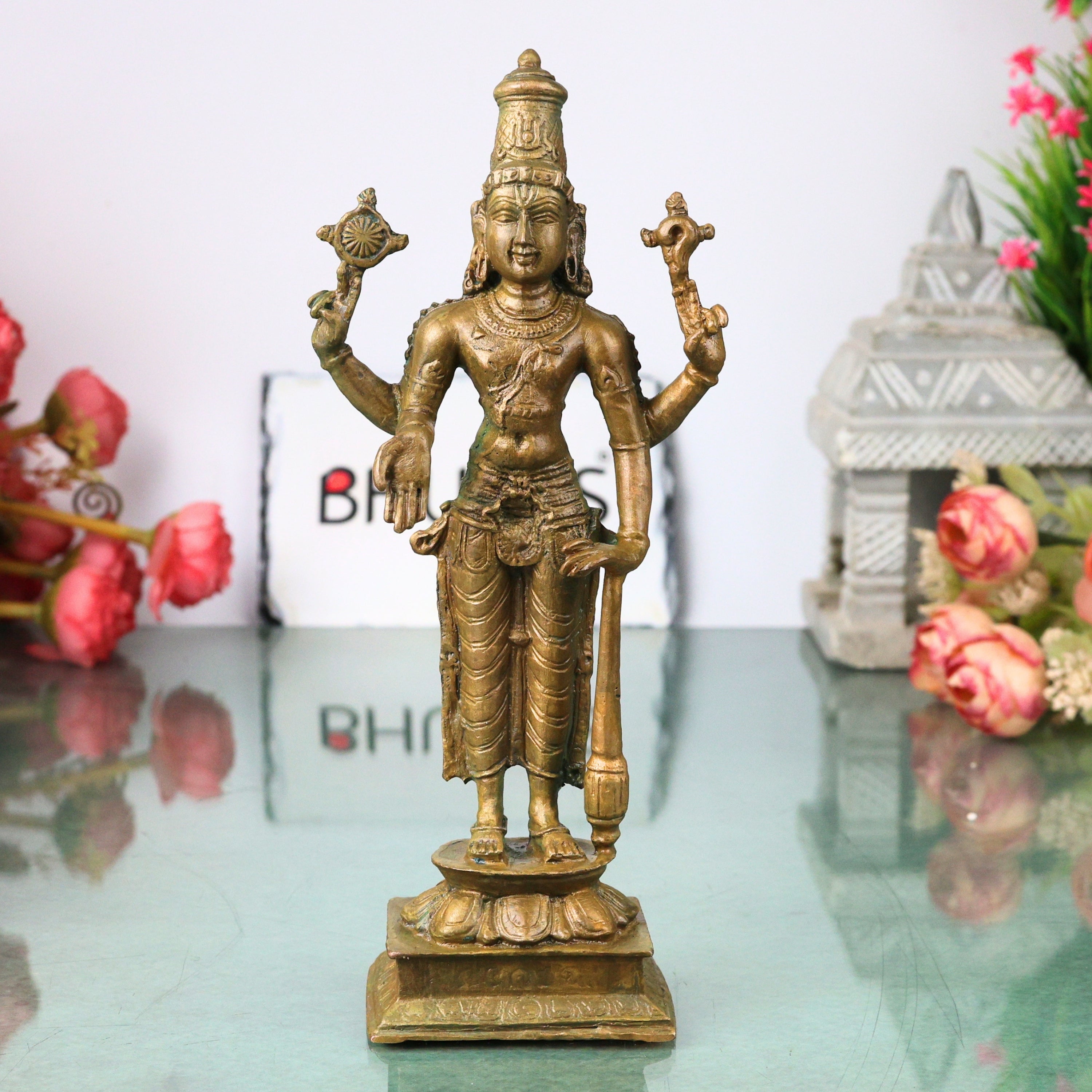Bronze Vishnu Idol Narayana Mahavishnu Perumal Balaji Venkateswara Murti Puja Statue Home Decor, Brown, 8 Inch, 1 Piece