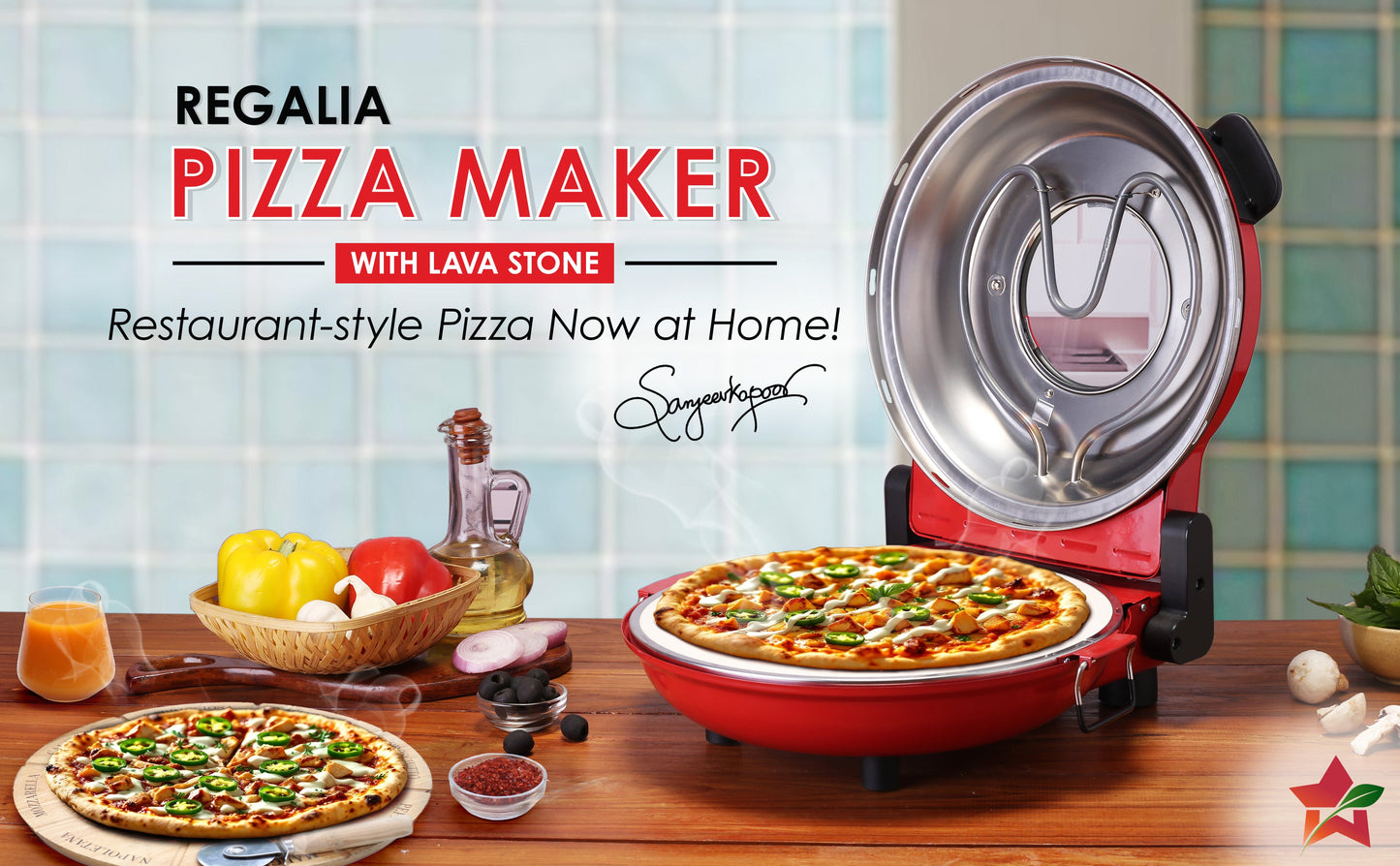 Wonderchef Regalia Pizza Maker | Crispy Pizzas in 5 Minutes with Rapid Cooking over 450°C | Wood-Fired Pizza-Like Taste | Lava Stone Base for Golden Crust | 1200W, 12-in Diameter | 2-Year Warranty