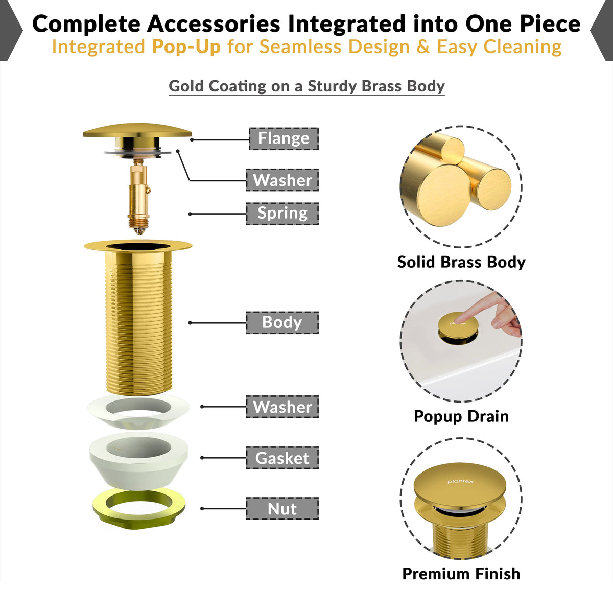 Plantex Solid Brass 3 Inch Waste Coupling for Wash Basin/Full Thread Basin Waste Coupling Gold- Pack of 1 (PVD Gold)-6