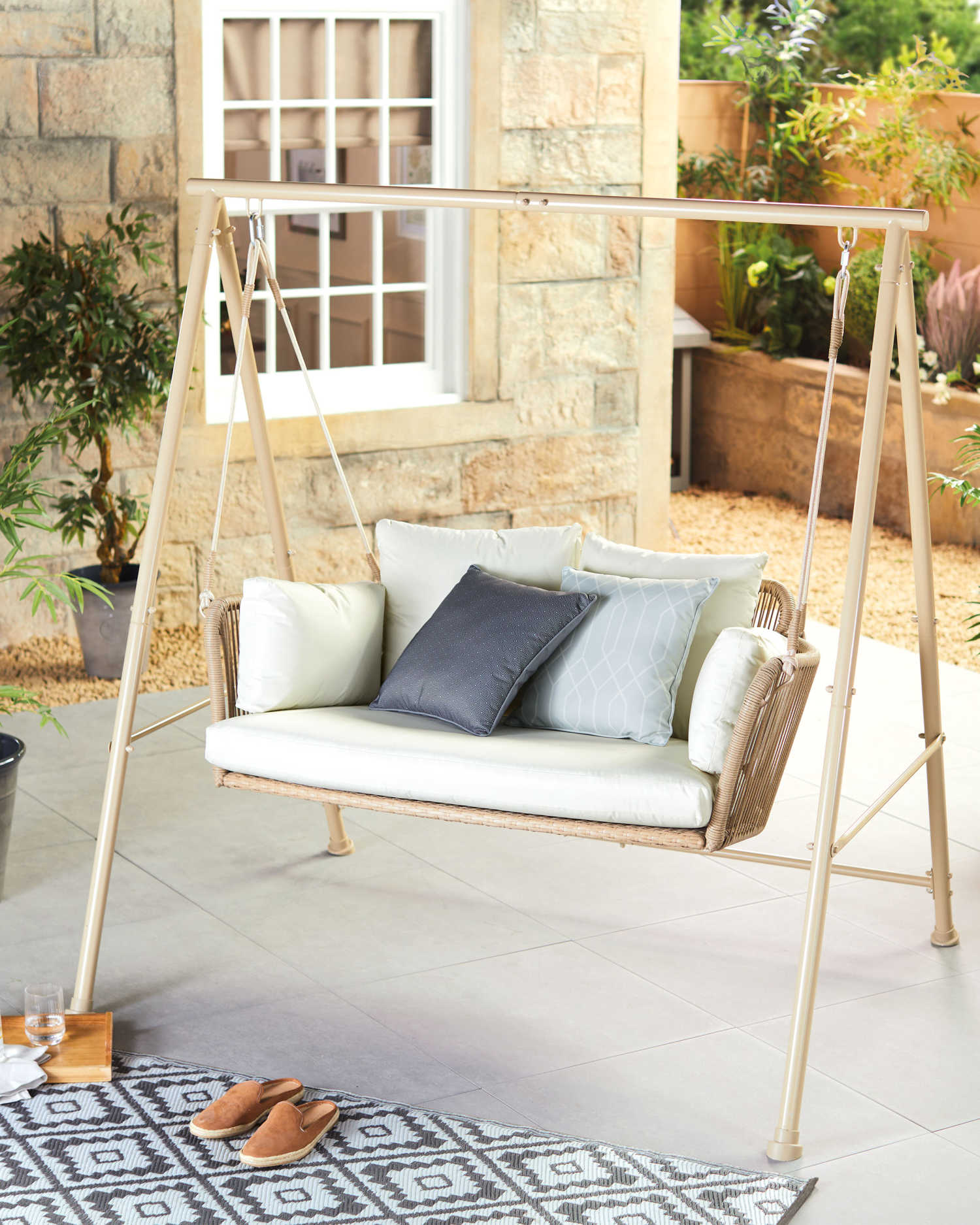 Sirena Double Seater Hanging Swing With Stand For Balcony , Garden Swing (White +Tan)