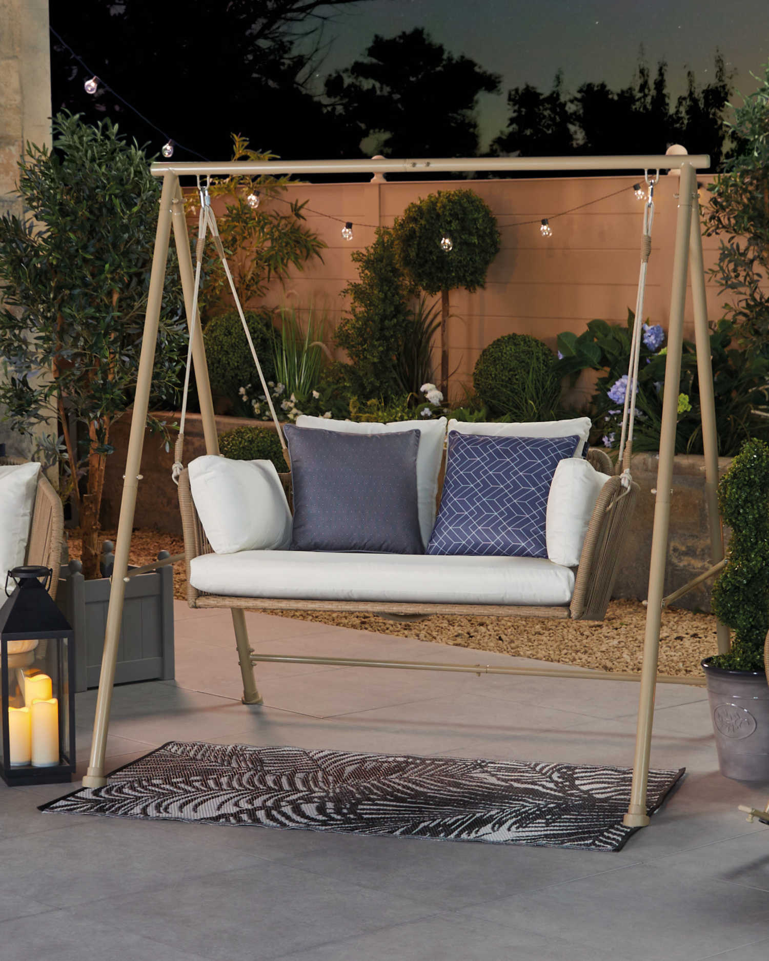Sirena Double Seater Hanging Swing With Stand For Balcony , Garden Swing (White +Tan)