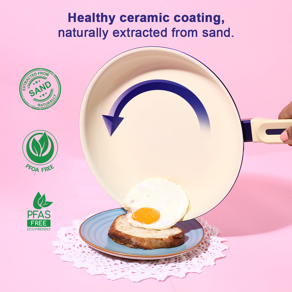 Bellagio Cookware 4 Pc. Set | Kadhai & Lid, Fry Pan, Dosa Tawa | Healthy Ceramic Coating | Non-Toxic | PFAS and PFOA Free | 3mm Thickness | Soft-Touch Handles and Knob | Electric Blue | 2 Year Warranty