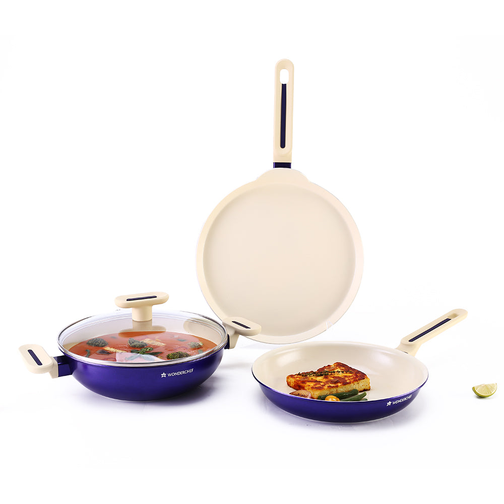 Bellagio Cookware 4 Pc. Set | Kadhai & Lid, Fry Pan, Dosa Tawa | Healthy Ceramic Coating | Non-Toxic | PFAS and PFOA Free | 3mm Thickness | Soft-Touch Handles and Knob | Electric Blue | 2 Year Warranty