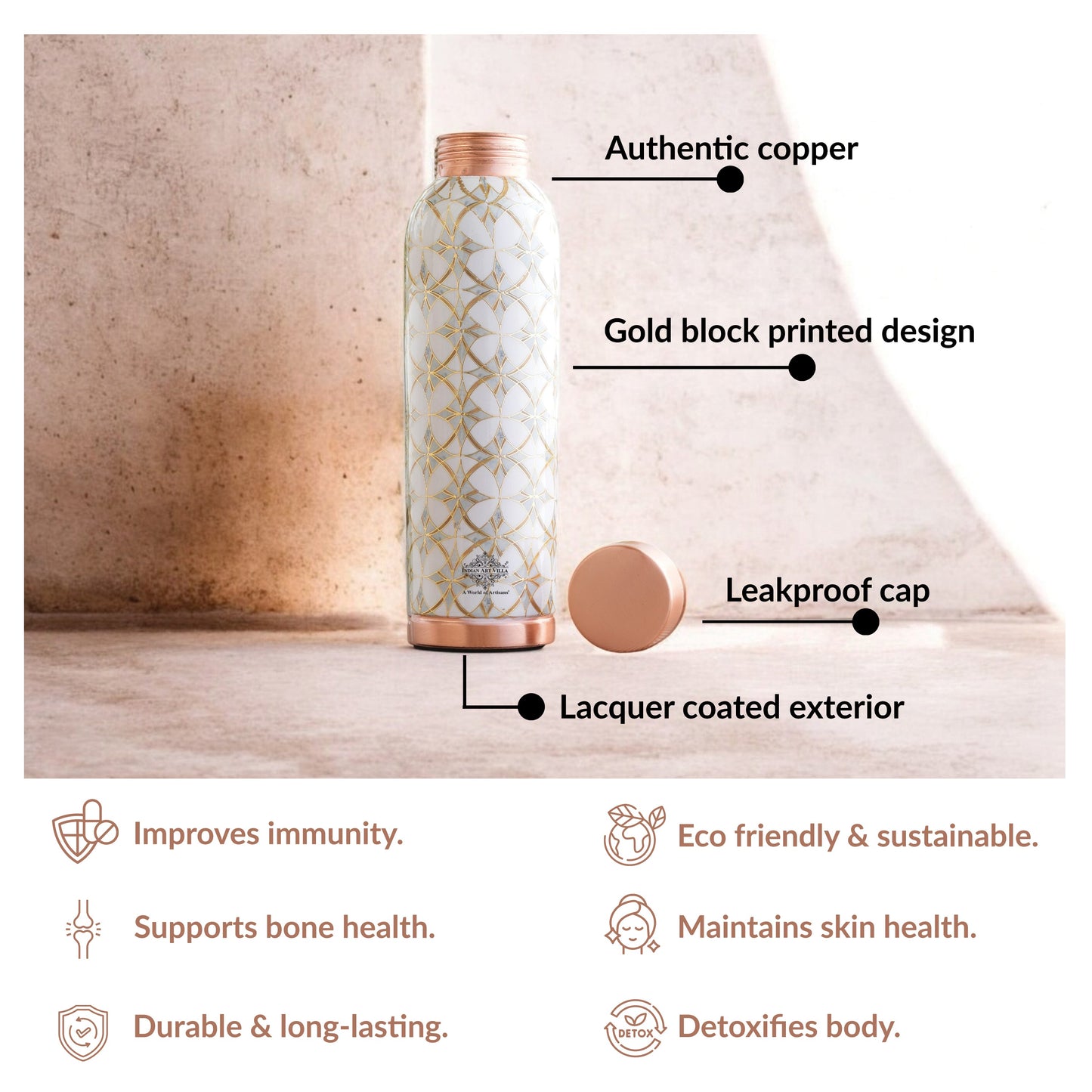 Pure Copper Water Bottle with Different Gold Print Designs, 900 ML