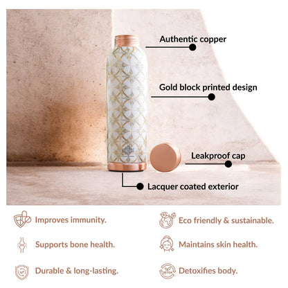 Pure Copper Water Bottle with Different Gold Print Designs, 900 ML