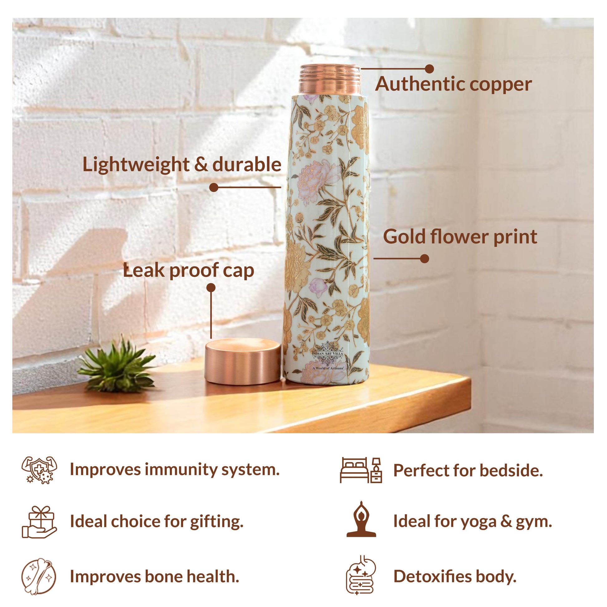 Pure Copper Water Bottle with Pyramid Shape Gold Print Design, 800 ML