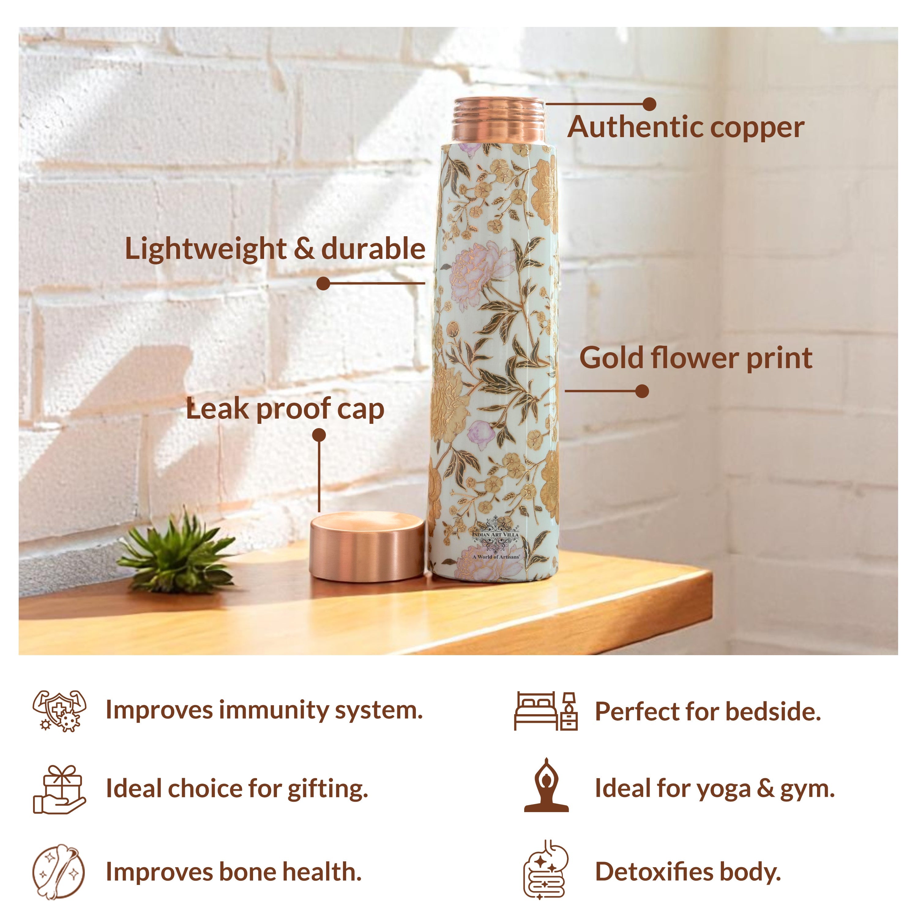 Pure Copper Water Bottle with Pyramid Shape Gold Print Design, 800 ML