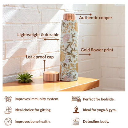 Pure Copper Water Bottle with Pyramid Shape Gold Print Design, 800 ML