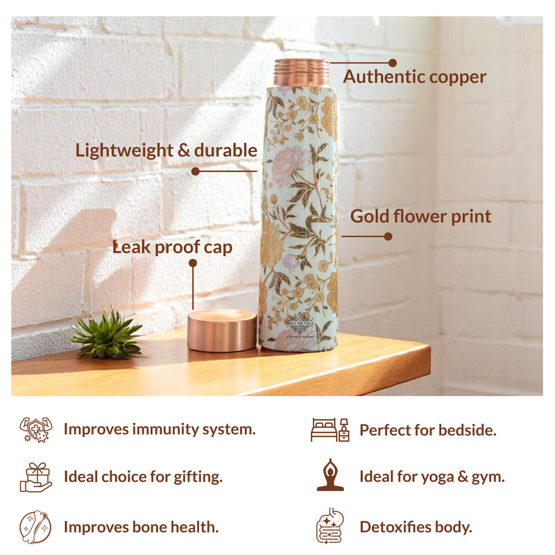 Pure Copper Water Bottle with Pyramid Shape Gold Print Design, 800 ML