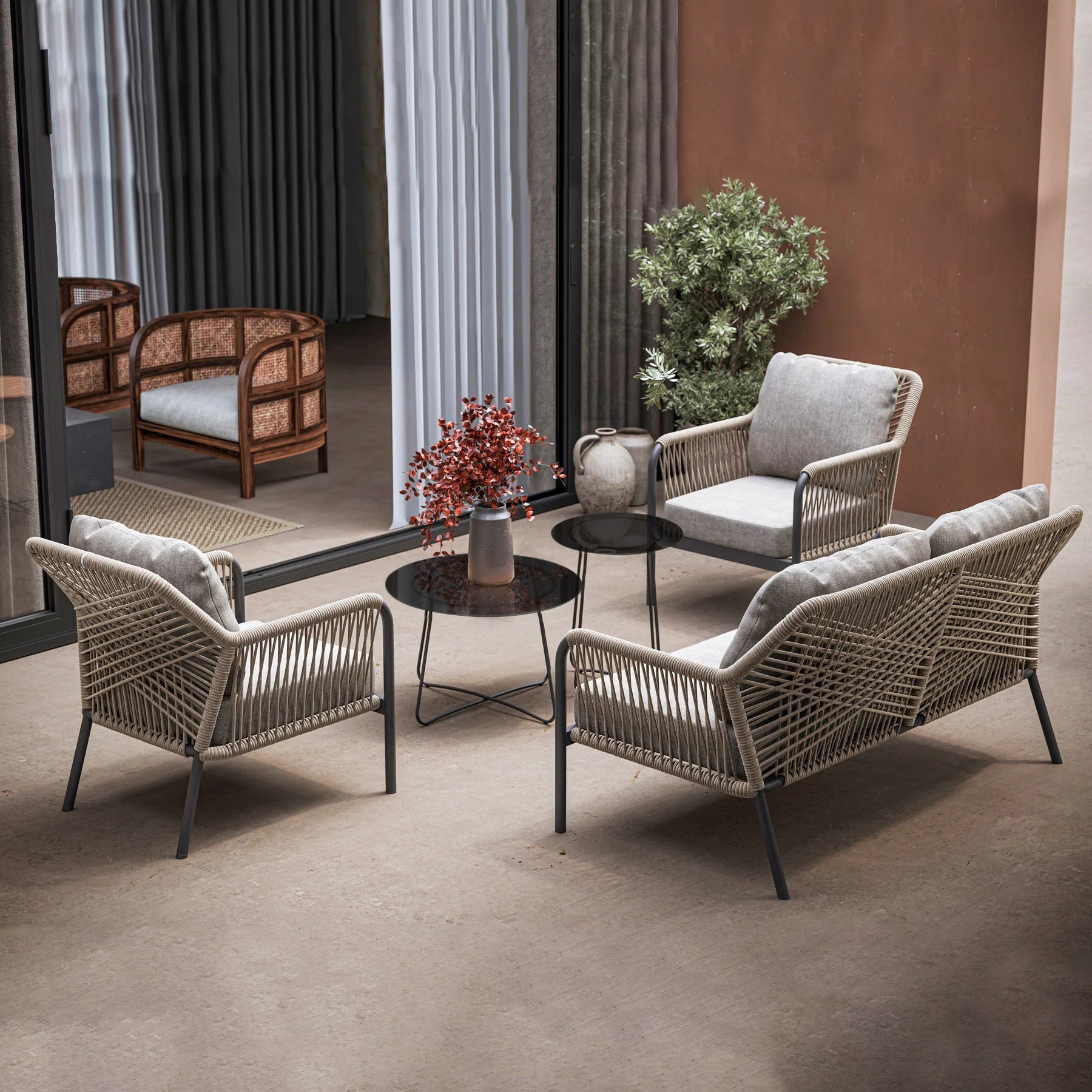 Morvos Outdoor Garden Balcony Sofa Set 2 Seater,2 Single seater and 2 Center Table Set (Tan)