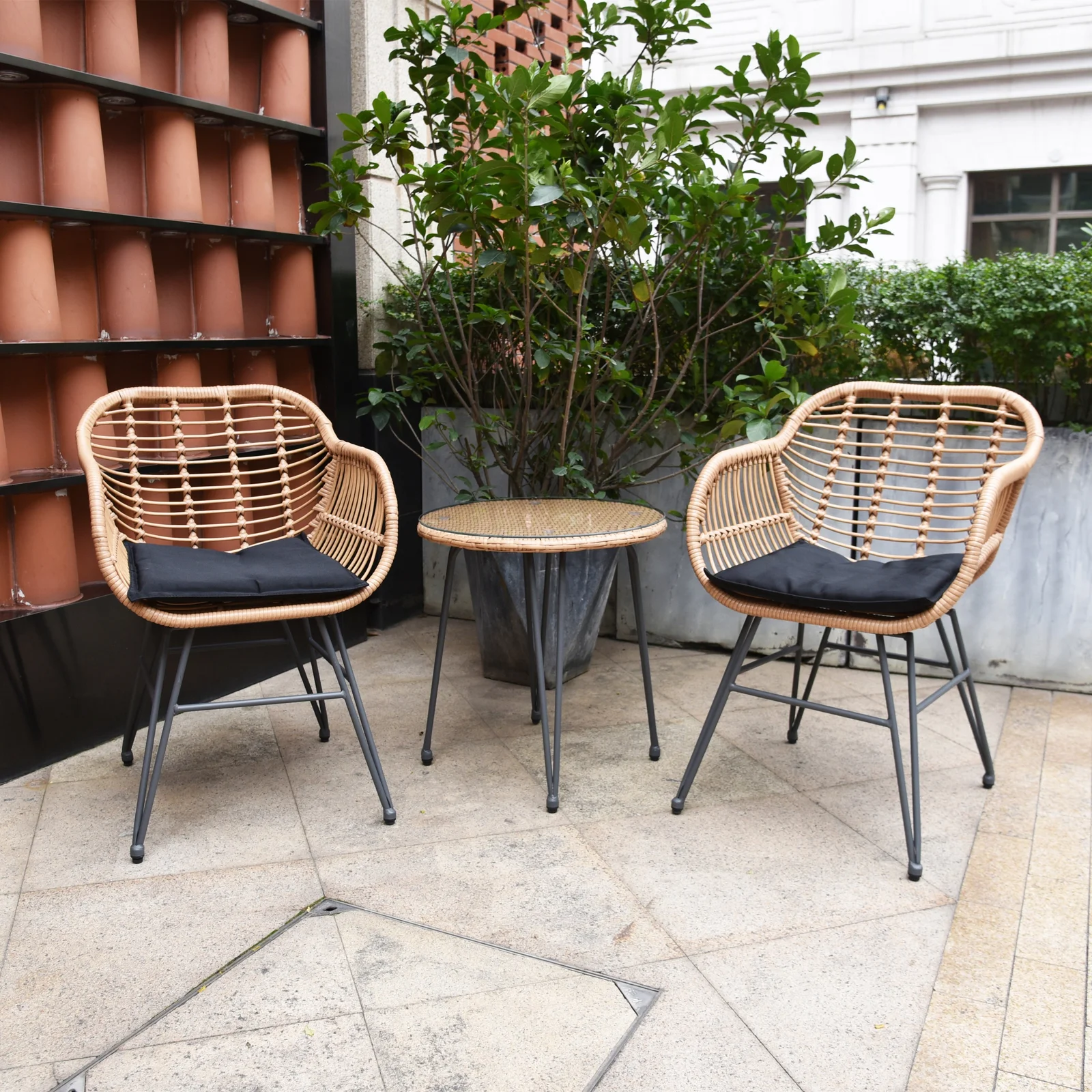 Shashibala Outdoor Patio Seating Set 2 Chairs and 1 Table Set (Honey + Black)