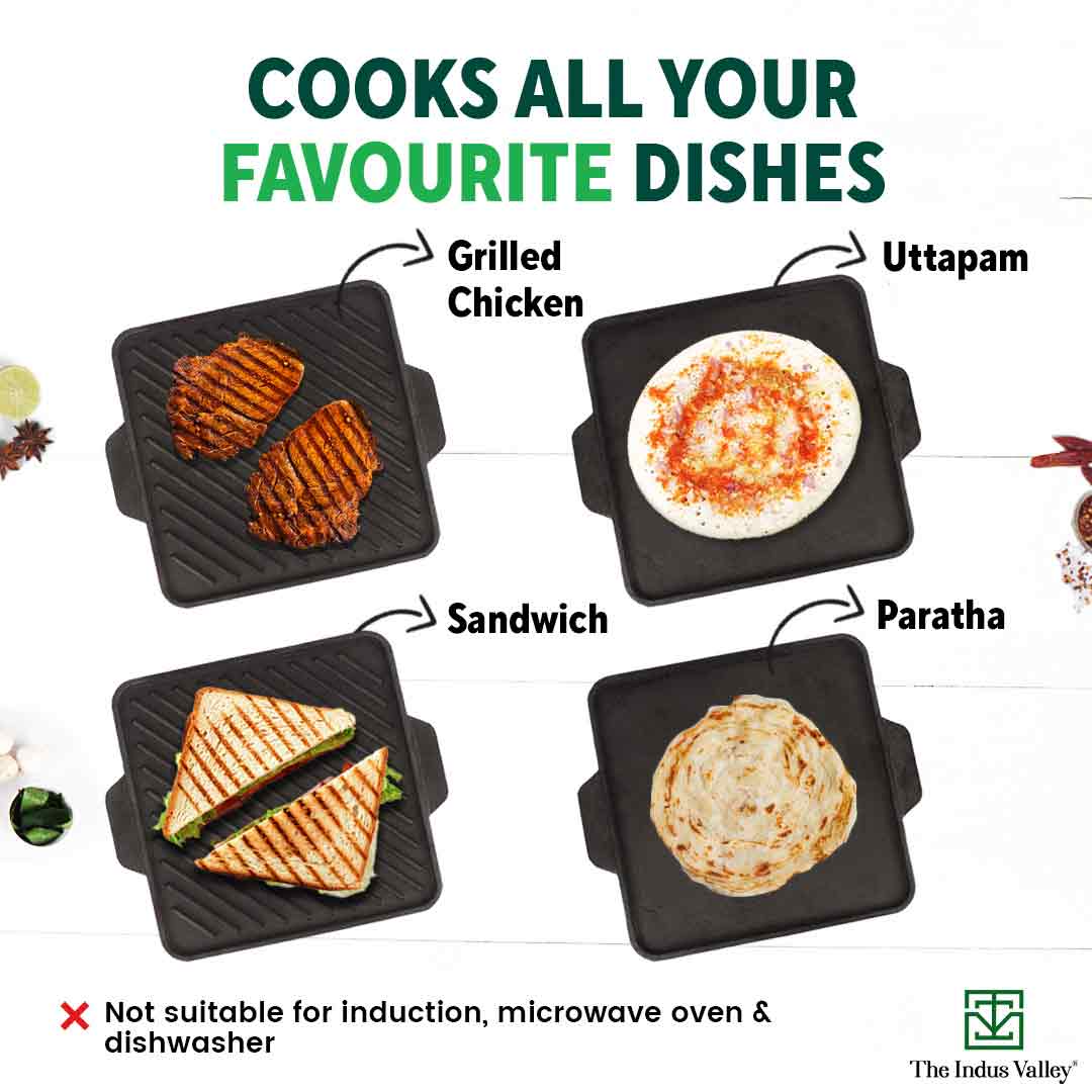 CASTrong Cast Iron 2-in-1 Griddle (Grill Pan + Tawa), Pre-seasoned, 100% Pure, Toxin-free,  Induction, Square,  27.2cm, 4.1 Kg