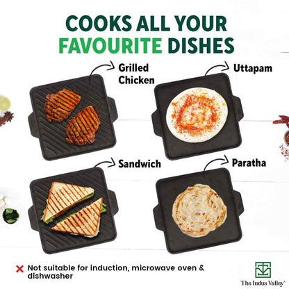 CASTrong Cast Iron 2-in-1 Griddle (Grill Pan + Tawa), Pre-seasoned, 100% Pure, Toxin-free,  Induction, Square,  27.2cm, 4.1 Kg