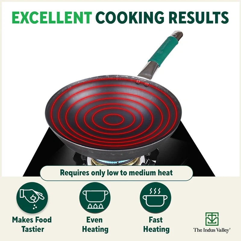 100% Pure Iron Wok with Steel Cool Touch Handle & Silicone Grip, Toxin-free Sheet Iron, Pre-seasoned, 2/3.5 L, 24.6/30.8 Cm, 1/1.4 Kg
