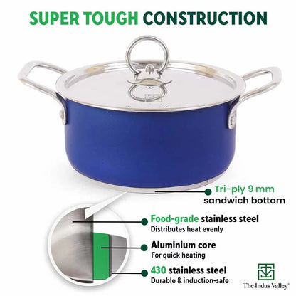 Tri-Steel Premium Stainless Steel Casserole/ Saucepot with Steel Lid, Tri-ply (3 Layer) Induction Bottom, 1.9L, Blue