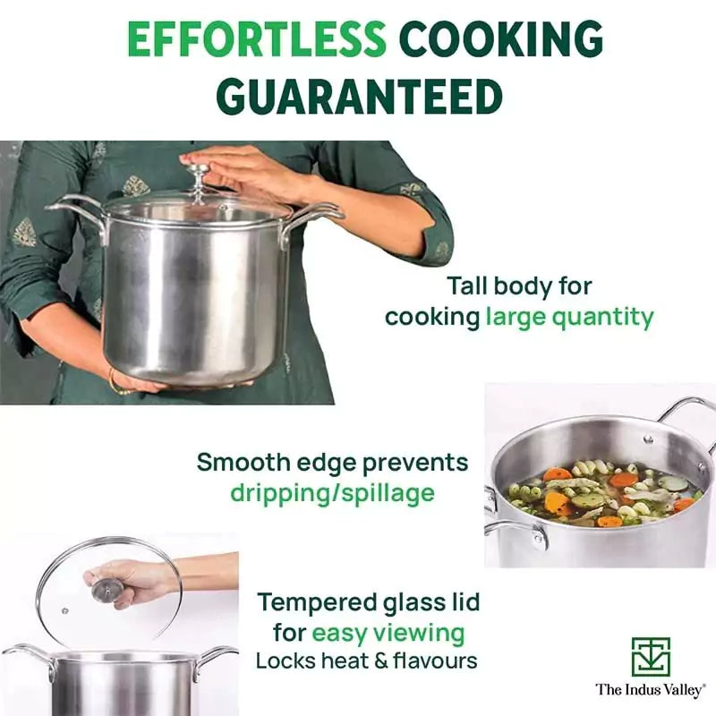 TurboCuk Tri-ply Stainless Steel Tall Biryani Pot/Casserole+ Glass Lid, Premium Quality, 3 Layer Thick Body, 100% Toxin-free, Non-stick, Induction & Gas, 6L