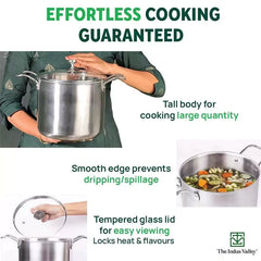 TurboCuk Tri-ply Stainless Steel Tall Biryani Pot/Casserole+ Glass Lid, Premium Quality, 3 Layer Thick Body, 100% Toxin-free, Non-stick, Induction & Gas, 6L