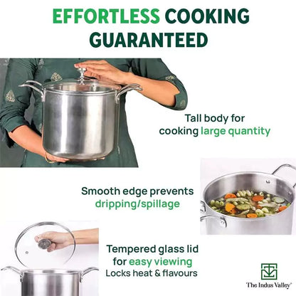 TurboCuk Tri-ply Stainless Steel Tall Biryani Pot/Casserole+ Glass Lid, Premium Quality, 3 Layer Thick Body, 100% Toxin-free, Non-stick, Induction & Gas, 6L