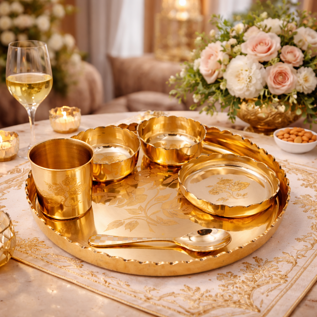 Bronze Kansa Dinner Set, Handcrafted Traditional Kansya Bhojan Thali Panchaloha Pancha Dhatu Dining Ware for Ayurvedic & Ritual Meals, Gold, 11.42 Inch, 6 Pieces Complete Dinner Set