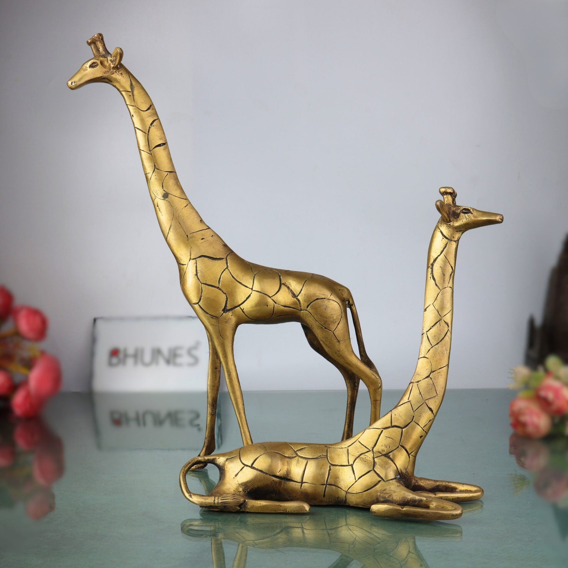 Handcrafted Brass Giraffe Idol Pair – Peetal, Pittal, Hittale Sculpture Inspired by Navagunjara for Home, Office & Temple Decor,Gold, 15 Inch, 1 Piece