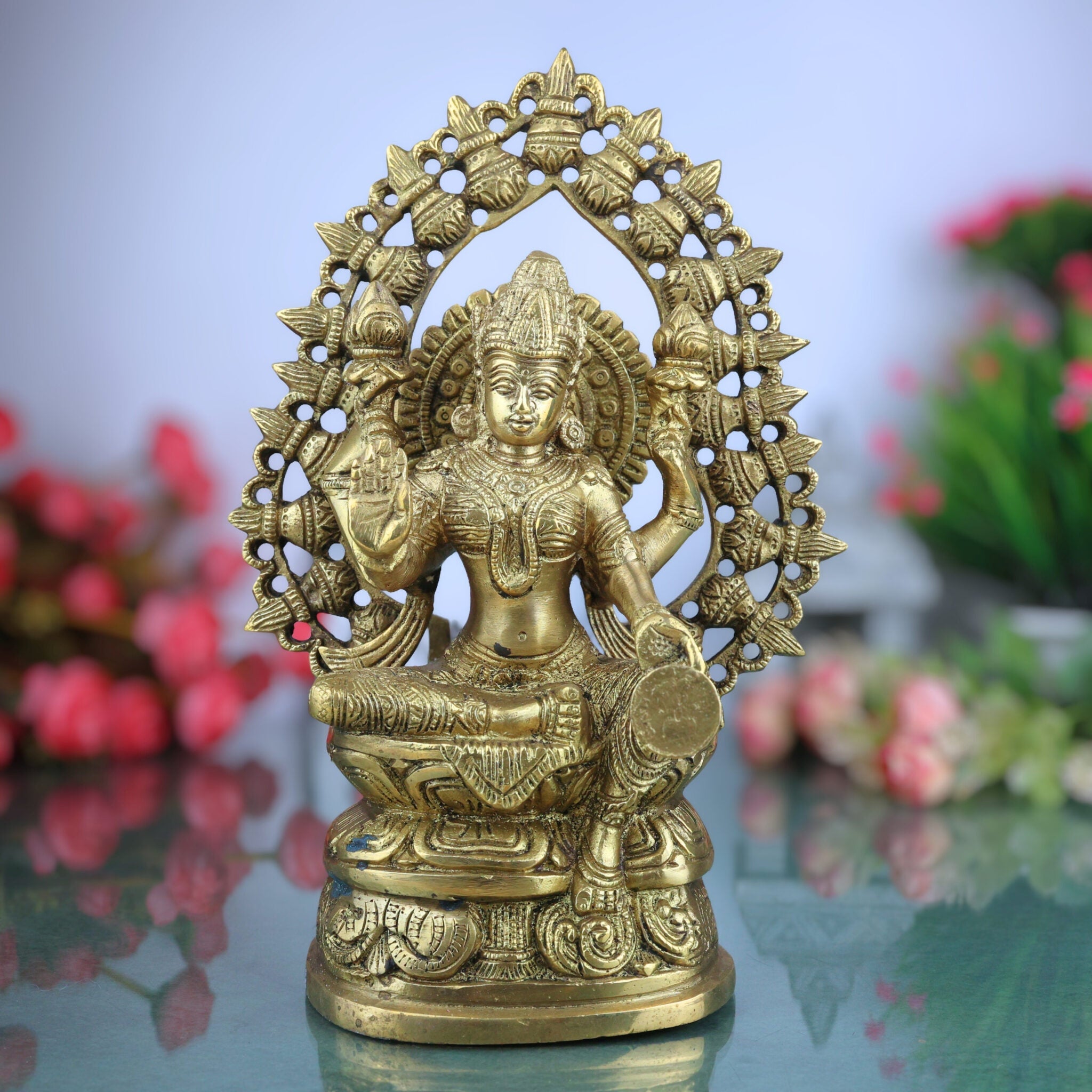 Handcrafted Brass Mahalakshmi Idol | Shri Lakshmi Devi Murti for Pooja Room, Gajalakshmi Kamala Statue for Home Temple & Diwali Decor,Gold, 11 Inch, 1 Piece