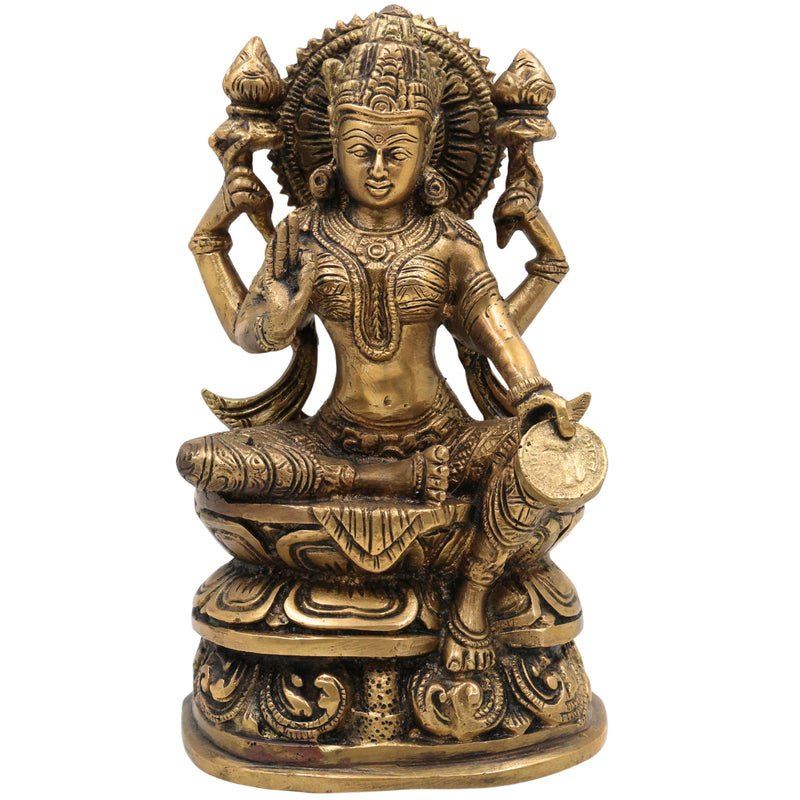 Handcrafted Brass Maha Lakshmi Idol | Shri Kamala Devi | Ashta Lakshmi Sculpture for Pooja, Home Temple, and Vastu Decor, Gold, 9 Inch, 1 Piece