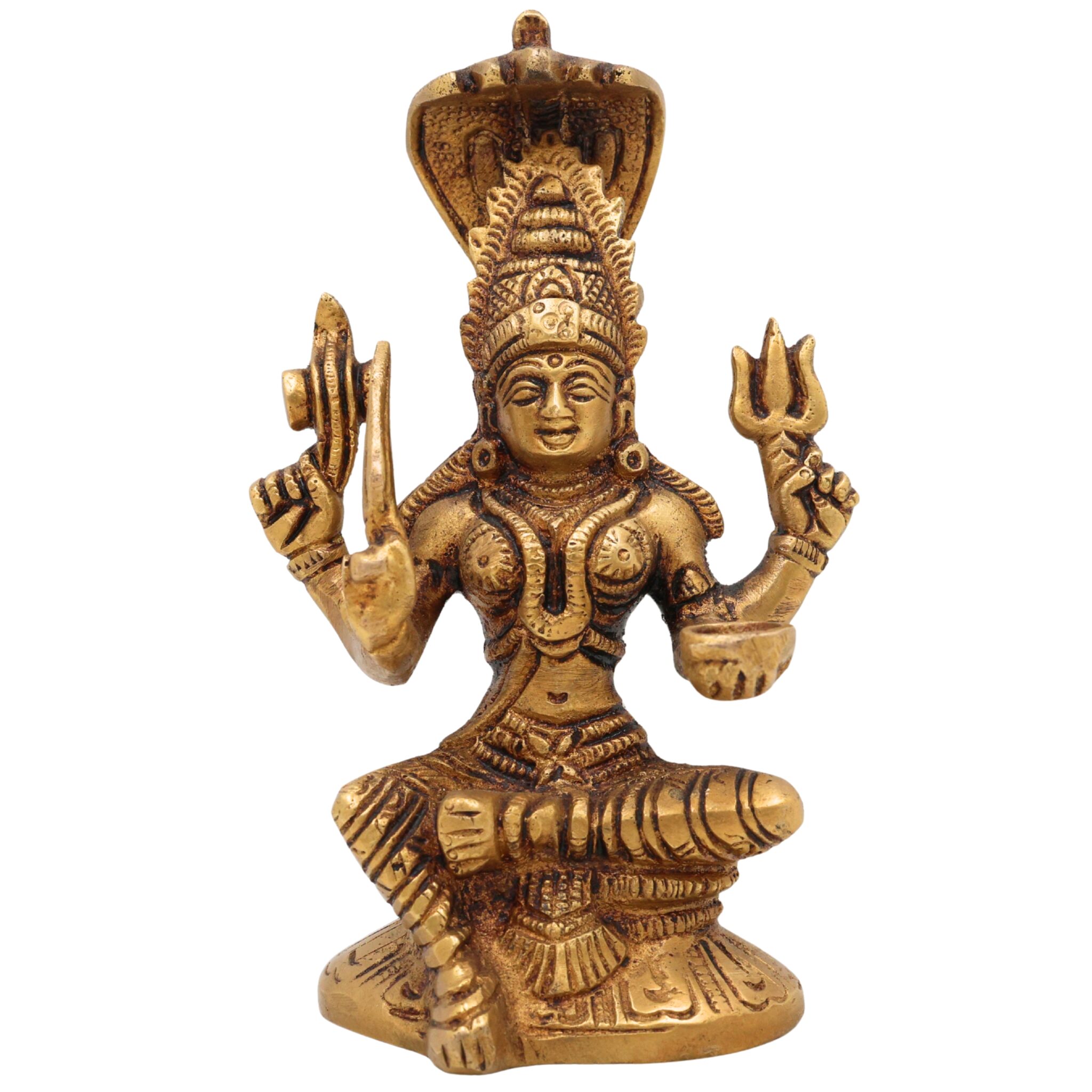 Brass Mariamman Idol, Mariyamma Devi Vigraham, Muthu Mariamman Murti, Samayapuram Amman Statue, Peetal Hindu Goddess Decor, Gold, 6 Inch, 1 Piece