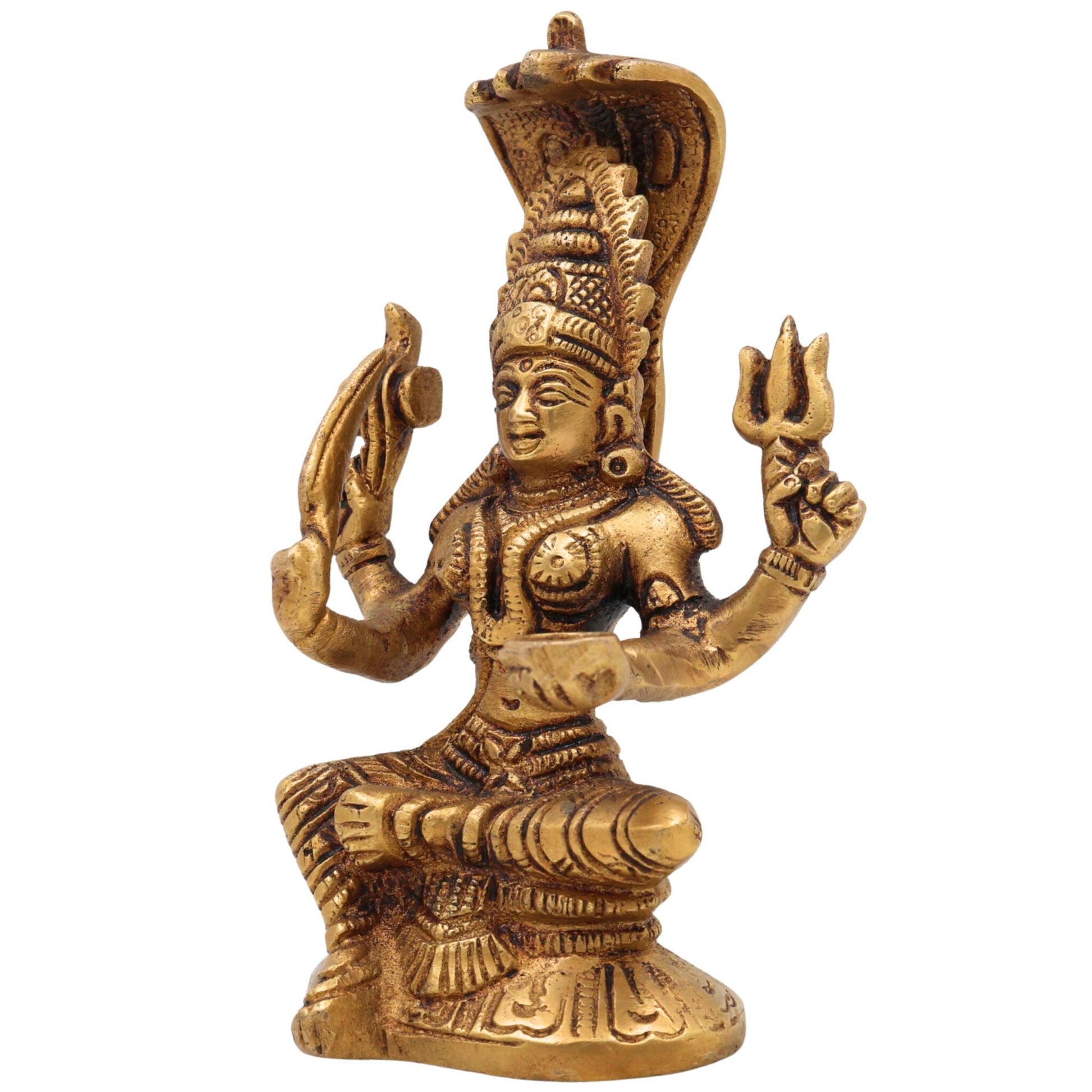 Brass Mariamman Idol, Mariyamma Devi Vigraham, Muthu Mariamman Murti, Samayapuram Amman Statue, Peetal Hindu Goddess Decor, Gold, 6 Inch, 1 Piece