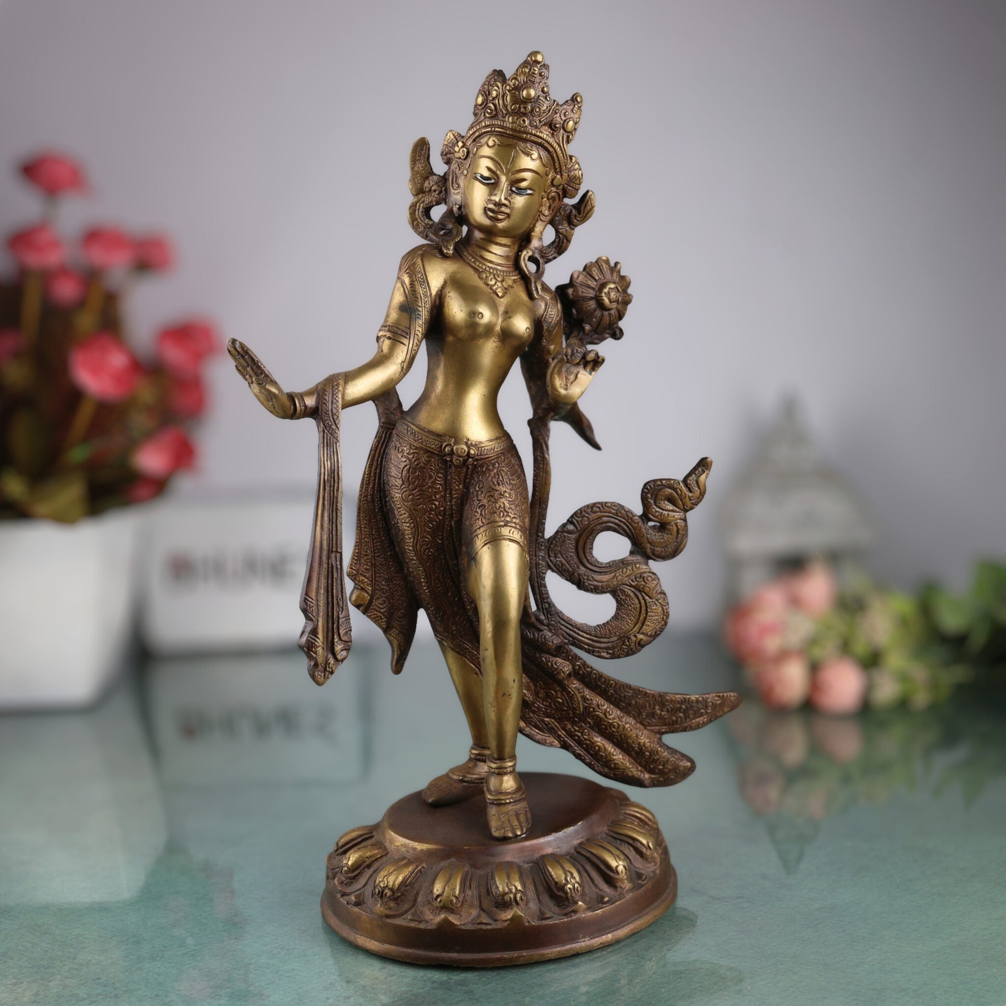 Handcrafted Brass Tibetan Tara Maa Idol | Green Tara | White Tara | Tara Devi Mata Murti Vigraha Moorti Sculpture for Pooja, Home Temple & Gifts, Gold, 15 Inch, 1 Piece