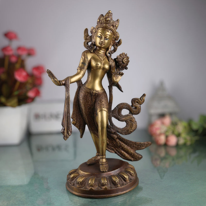 Handcrafted Brass Tibetan Tara Maa Idol | Green Tara | White Tara | Tara Devi Mata Murti Vigraha Moorti Sculpture for Pooja, Home Temple & Gifts, Gold, 15 Inch, 1 Piece