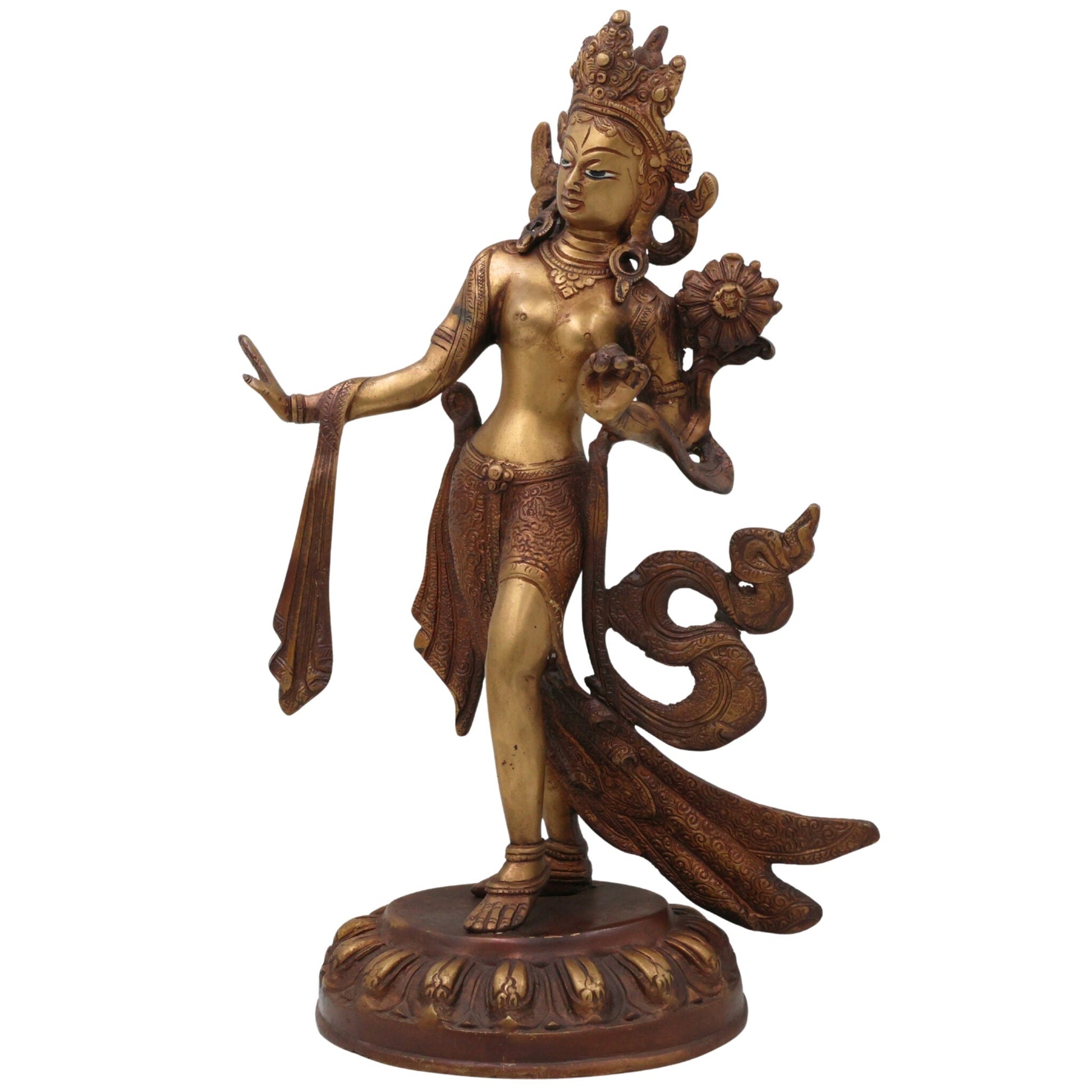 Handcrafted Brass Tibetan Tara Maa Idol | Green Tara | White Tara | Tara Devi Mata Murti Vigraha Moorti Sculpture for Pooja, Home Temple & Gifts, Gold, 15 Inch, 1 Piece