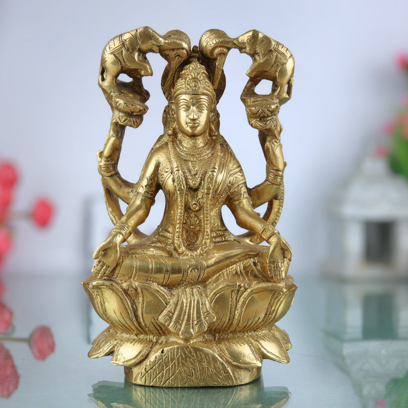 Handcrafted Brass Gaja Lakshmi Idol | Lakshmi Devi with Elephants | Gajalakshmi Murti for Pooja, Temple & Home Decor, Gold, 7 Inch, 1 Piece