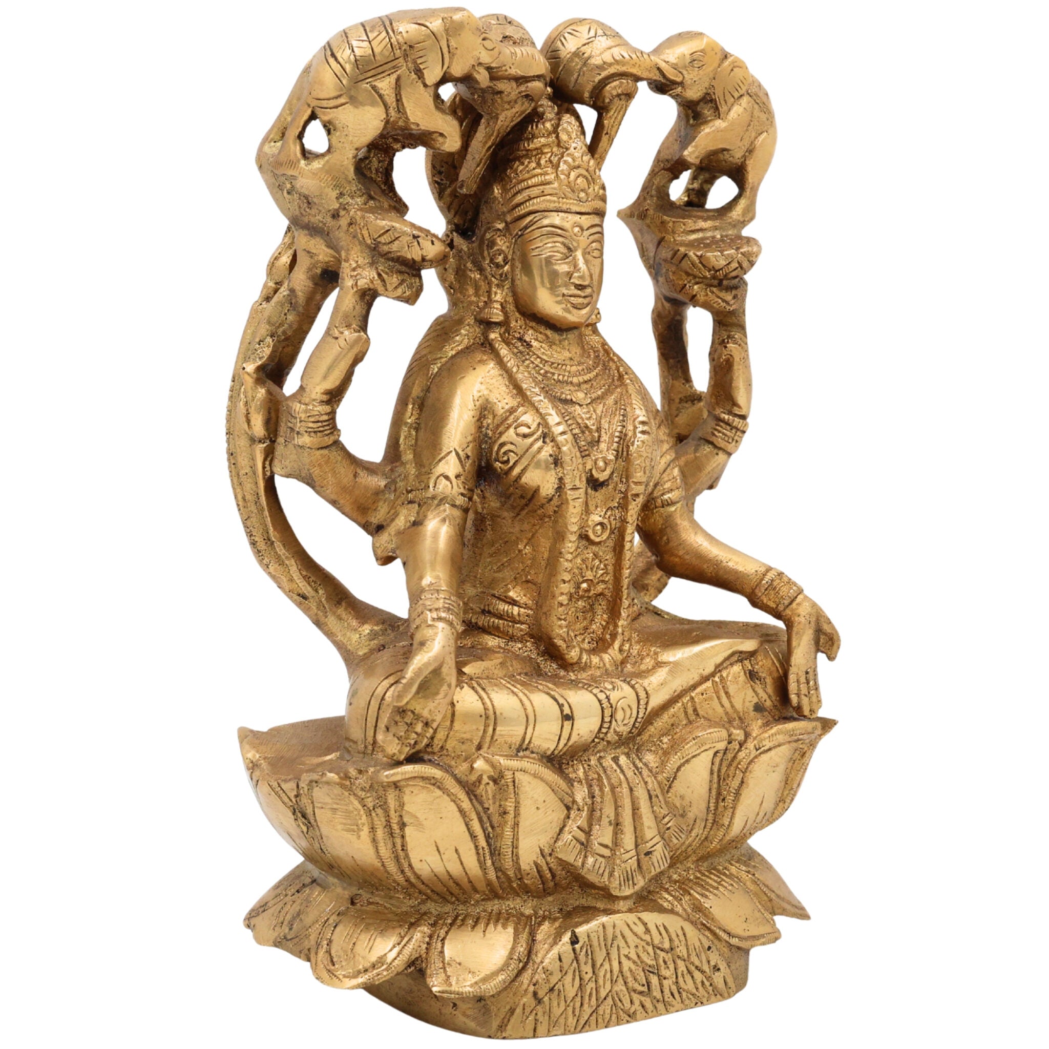 Handcrafted Brass Gaja Lakshmi Idol | Lakshmi Devi with Elephants | Gajalakshmi Murti for Pooja, Temple & Home Decor, Gold, 7 Inch, 1 Piece