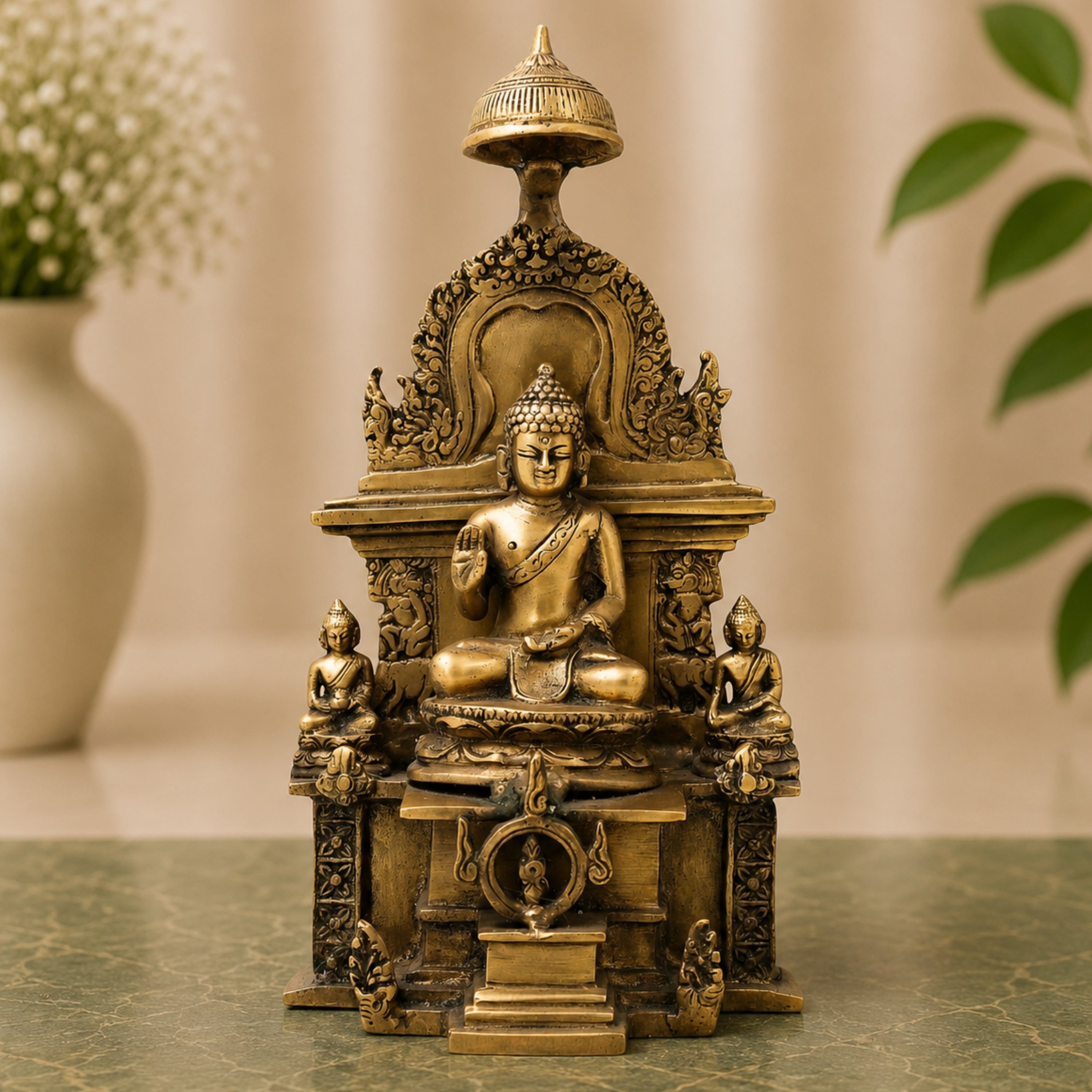 Brass Buddha Idol in Ashtamangala Pose, Gautama Buddha Murti Meditation Statue for Home Decor, Feng Shui, Vastu & Pooja,Gold, 11 Inch, 1 Piece