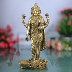 Brass Dhana Lakshmi Idol | Handcrafted Mahalakshmi Padma Narayani Statue | Pital Shri Devi Murti for Pooja, Temple, Home Decor & Prosperity, Gold, 9 Inch, 1 Piece