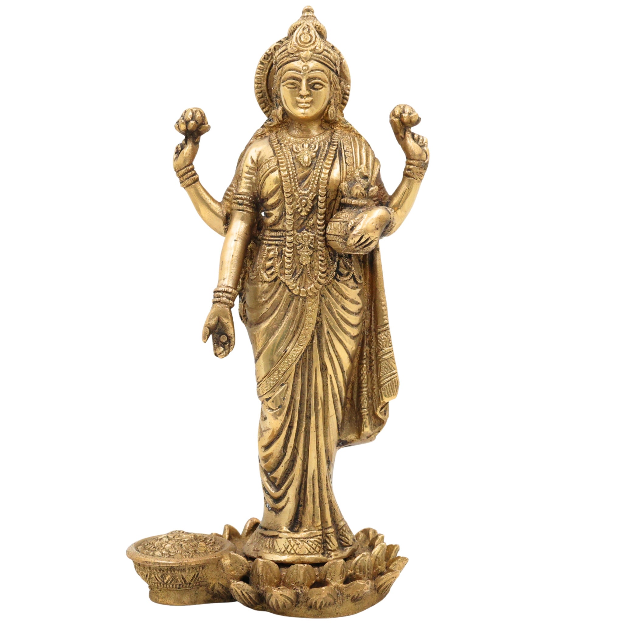 Brass Dhana Lakshmi Idol | Handcrafted Mahalakshmi Padma Narayani Statue | Pital Shri Devi Murti for Pooja, Temple, Home Decor & Prosperity, Gold, 9 Inch, 1 Piece