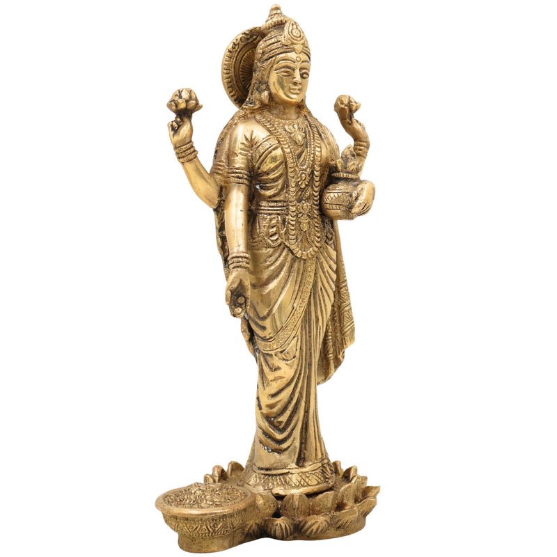 Brass Dhana Lakshmi Idol | Handcrafted Mahalakshmi Padma Narayani Statue | Pital Shri Devi Murti for Pooja, Temple, Home Decor & Prosperity, Gold, 9 Inch, 1 Piece
