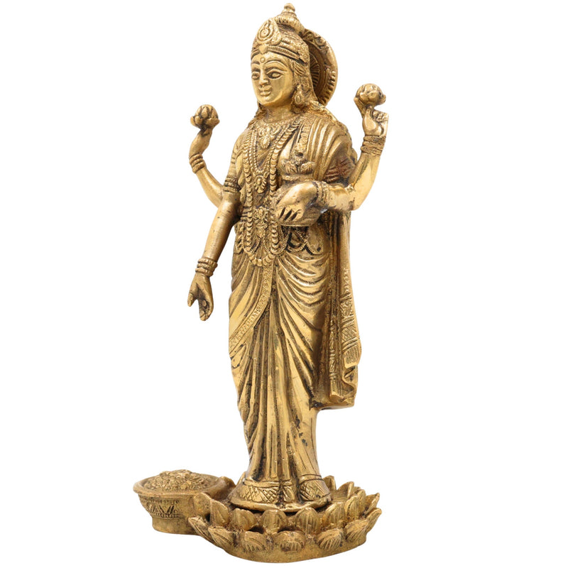Brass Dhana Lakshmi Idol | Handcrafted Mahalakshmi Padma Narayani Statue | Pital Shri Devi Murti for Pooja, Temple, Home Decor & Prosperity, Gold, 9 Inch, 1 Piece