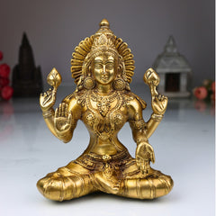 Brass Handcrafted Maha Lakshmi Idol for Pooja | Mahalakshmi Devi Statue | Laxmi Murti for Home Temple, Office & Gift Decor, Gold, 7.5 Inch, 1 Piece
