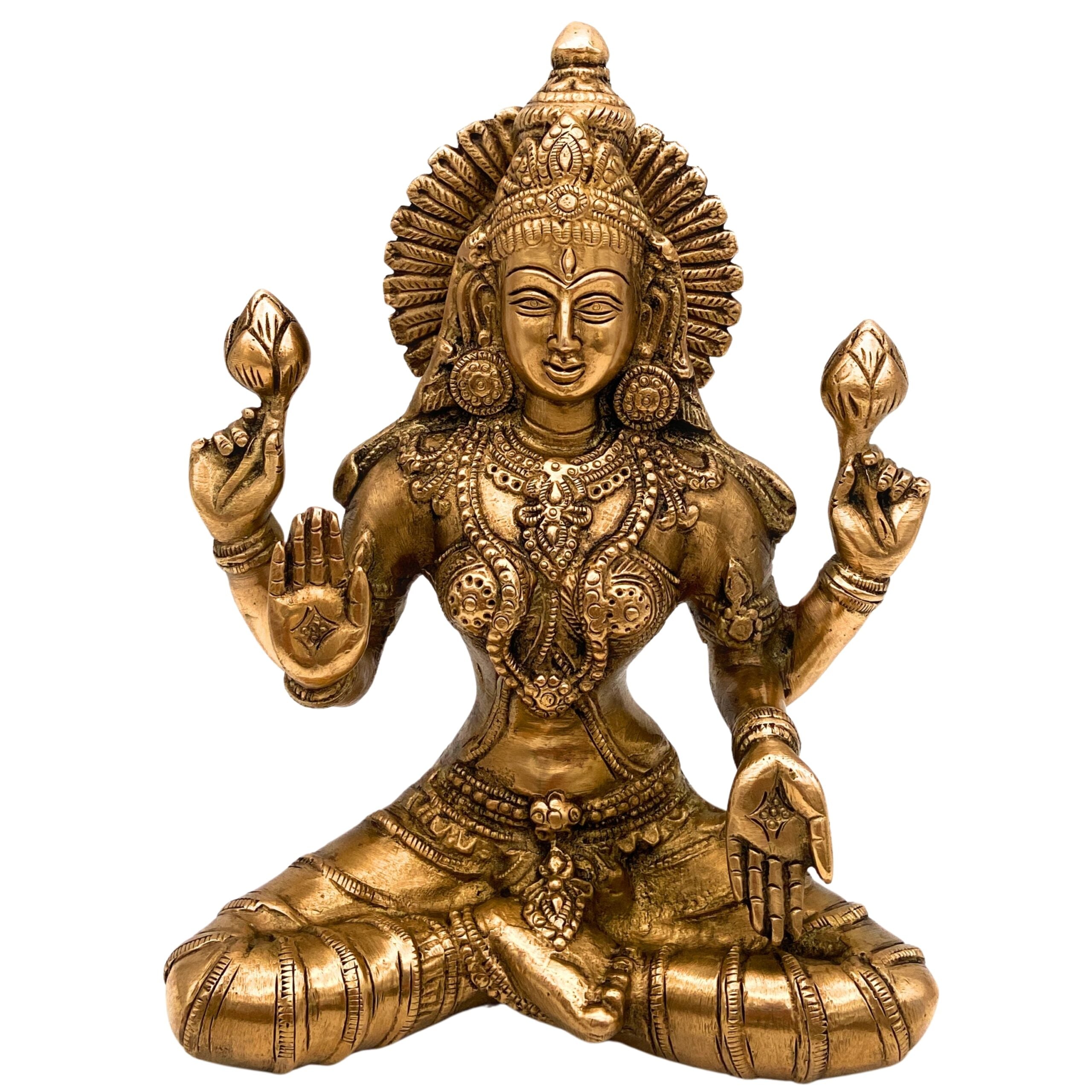 Brass Handcrafted Maha Lakshmi Idol for Pooja | Mahalakshmi Devi Statue | Laxmi Murti for Home Temple, Office & Gift Decor, Gold, 7.5 Inch, 1 Piece