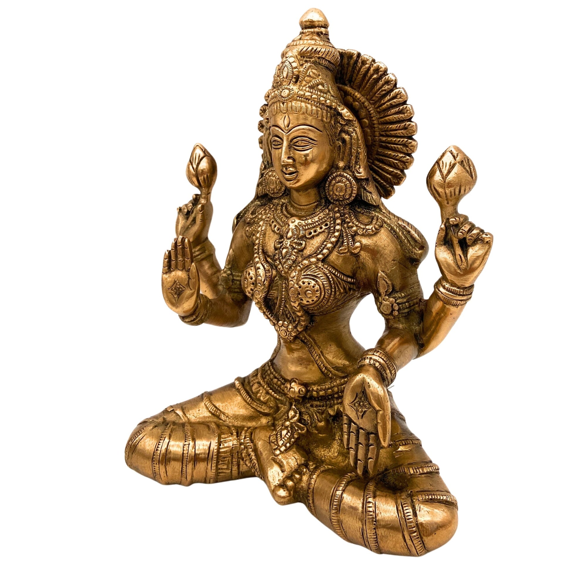 Brass Handcrafted Maha Lakshmi Idol for Pooja | Mahalakshmi Devi Statue | Laxmi Murti for Home Temple, Office & Gift Decor, Gold, 7.5 Inch, 1 Piece