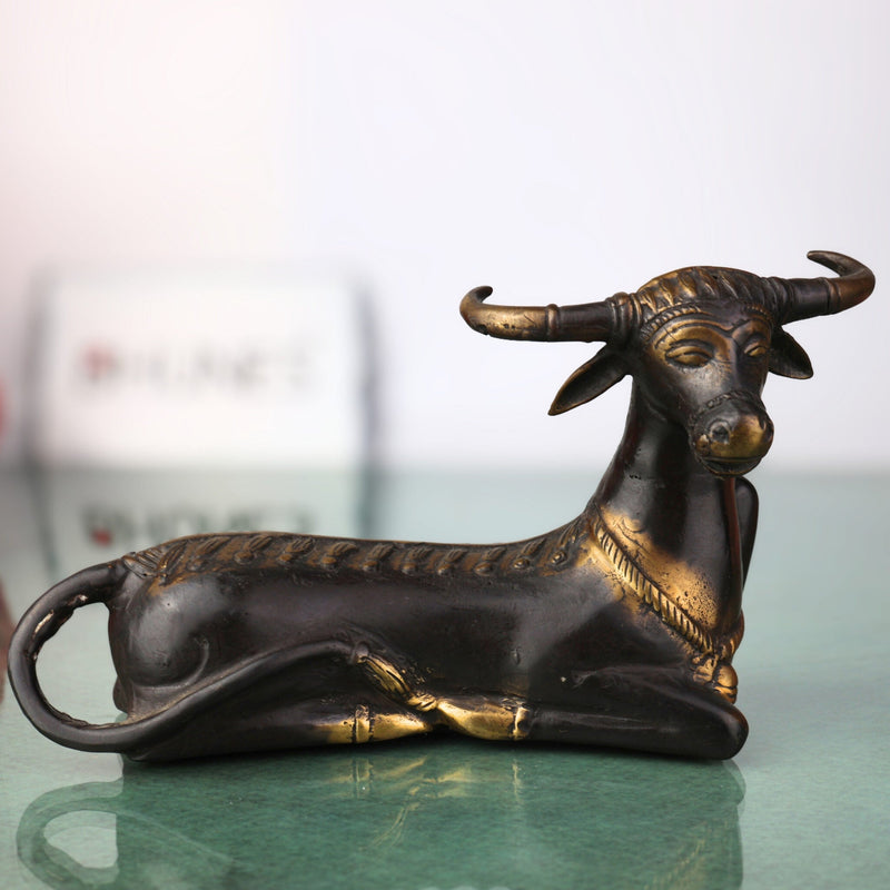 Brass Ox Idol | Nandi Statue | Vrishabha Showpiece | Kamadhenu Bull Figurine | Peetal & Ashtadhatu Decorative Sculpture, Gold, 5.5 Inch, 1 Piece