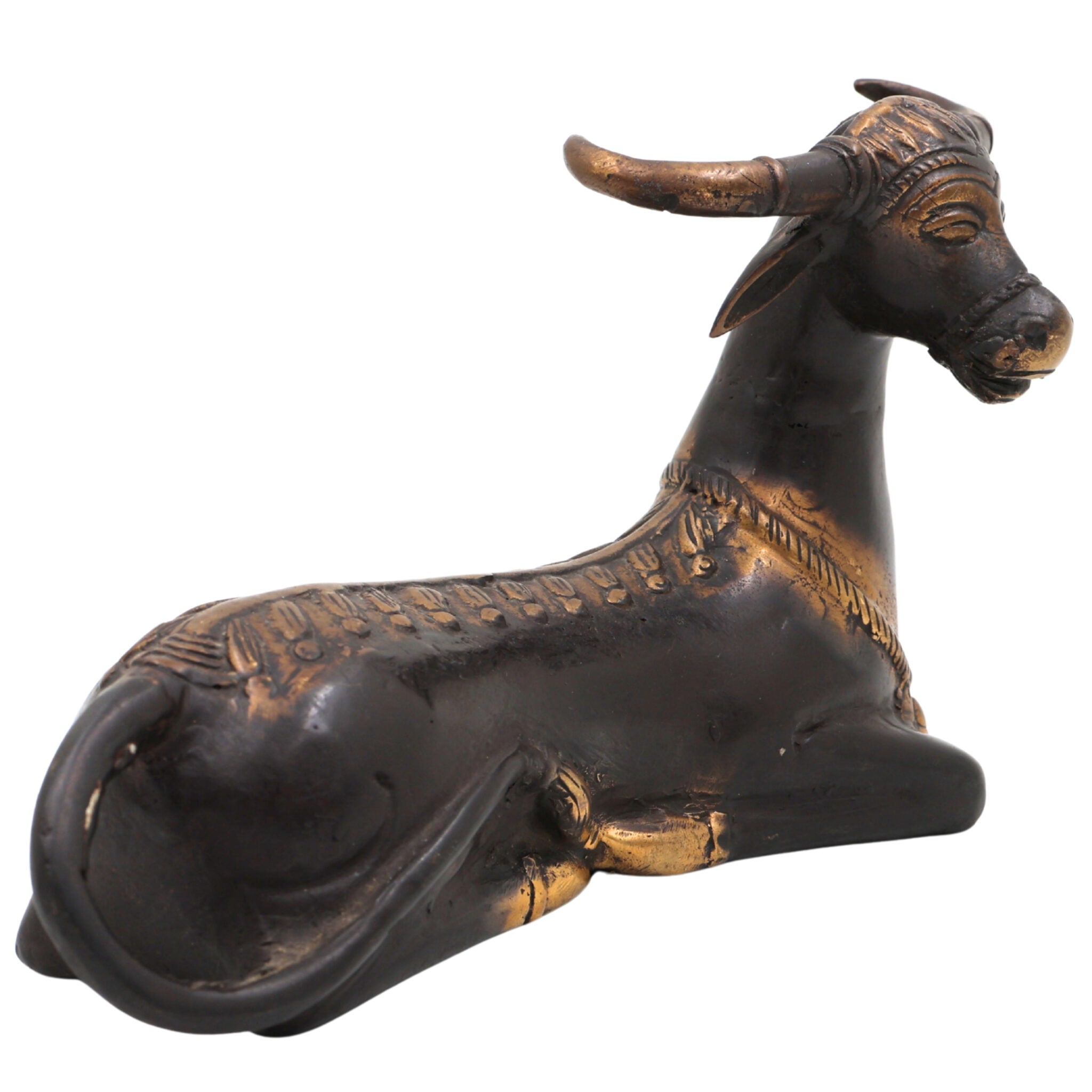 Brass Ox Idol | Nandi Statue | Vrishabha Showpiece | Kamadhenu Bull Figurine | Peetal & Ashtadhatu Decorative Sculpture, Gold, 5.5 Inch, 1 Piece