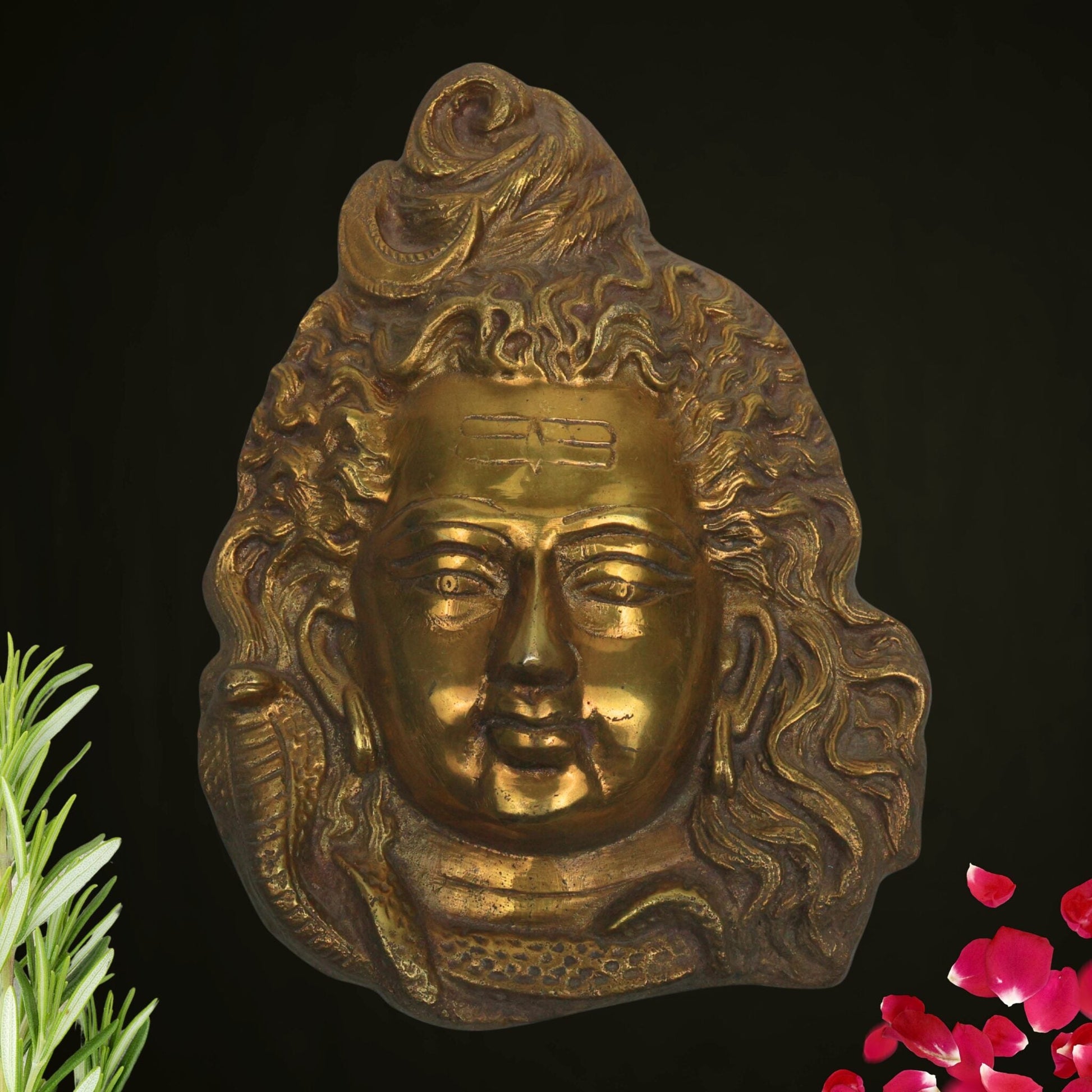Brass Shiva Face, Peetal Mahadev Mukha, Pital Bholenath Mask, Rudra Idol Wall Decor, Gold, 8.5 Inch, 1 Piece