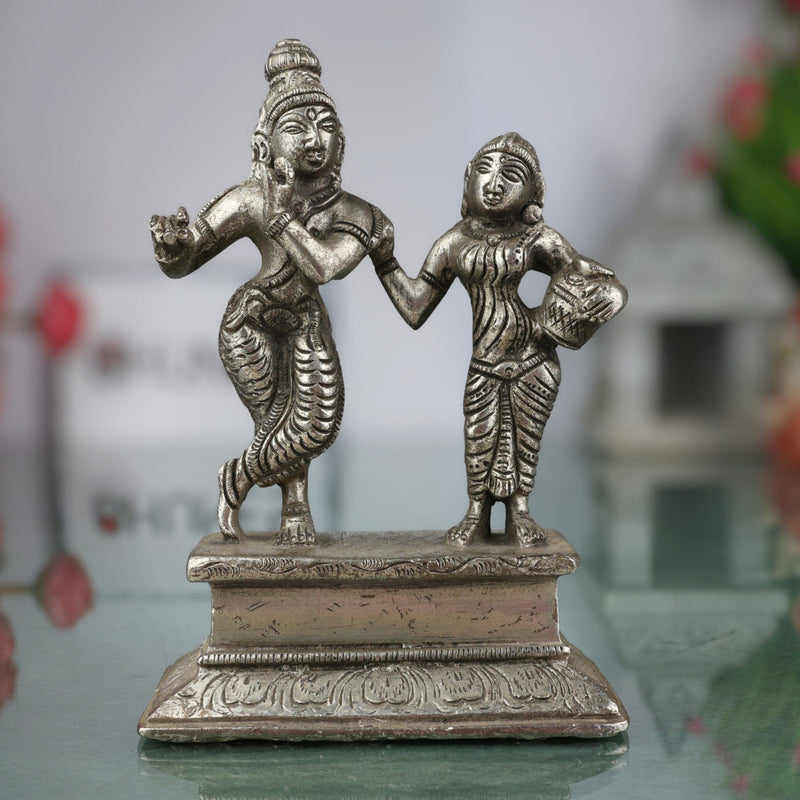 Brass Radha Krishna Idol | Radha Krishna Murti Moorti Vigraha Pratima Statue | Peetal Pital Pittal Divine Couple Sculpture for Home Decor, Pooja Mandir & Wedding Gift, Silver, 5.5 Inch, 1 Piece