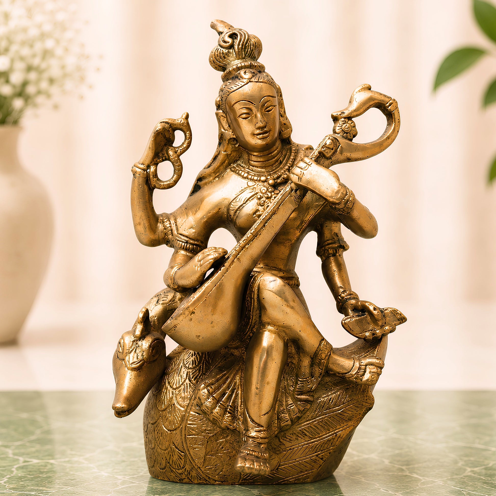 Brass Saraswati Idol, Peetal Vagdevi Sharada Devi Murti, Handmade Bharati Vani Statue for Pooja, Home & Temple Decor,Gold, 7.5 Inch, 1 Piece